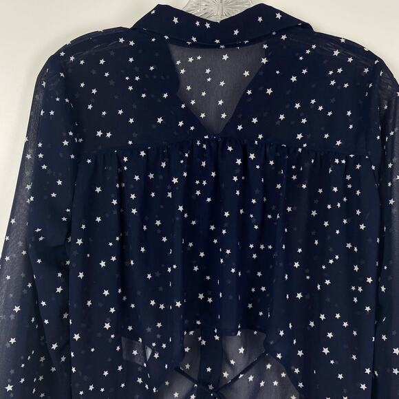 Lucca Star Sheer Cropped Blouse Button Front Navy Blue Back Tie Womens Size XS - Picture 9 of 11